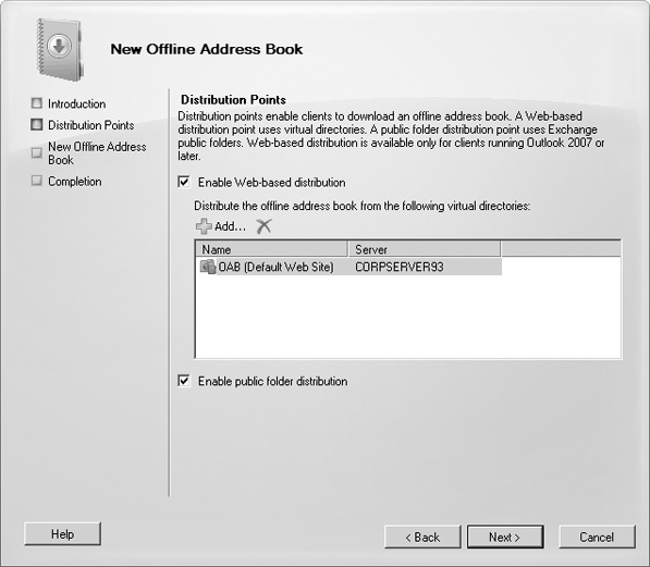 Configure distribution points for the offline address book.