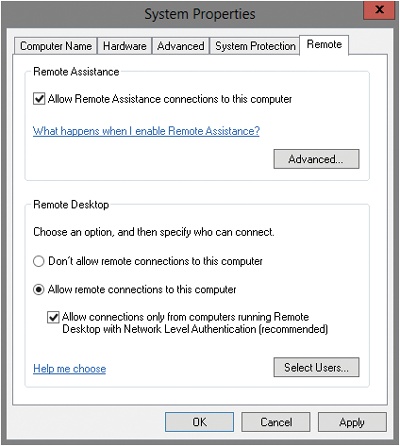 Use the Remote tab options to configure remote access to the computer.