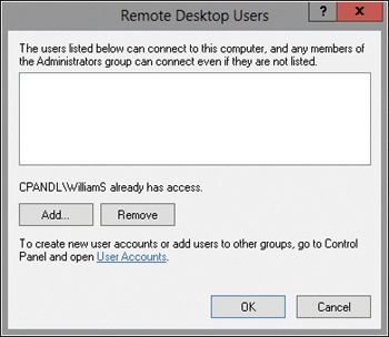 Specify the additional users allowed to make Remote Desktop connections.
