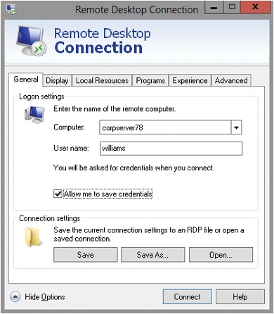 In the Remote Desktop Connection dialog box, type the name of the computer to which you want to connect, and then tap or click Connect.