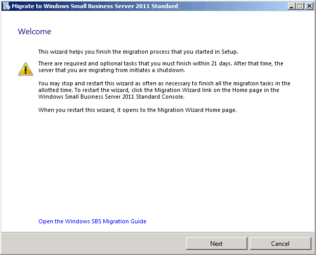 The Migrate To Windows Small Business Server 2011 Wizard.