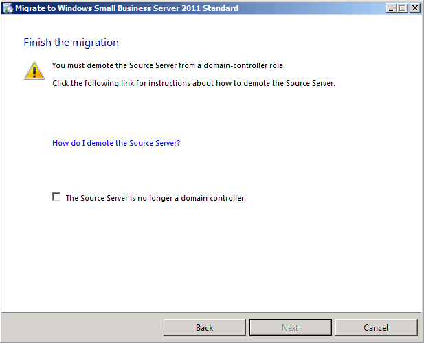 The Finish The Migration page of the Migrate To Windows Small Business Server 2011 Wizard.