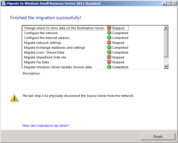 The Finished The Migration Successfully page of the Migrate To Windows Small Business Server 2011 Wizard.