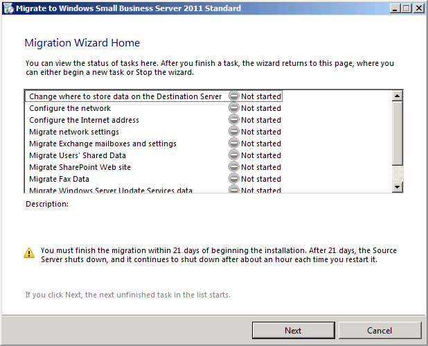 The Migration Wizard Home page in the Migrate To Windows Small Business Server 2011 Wizard.