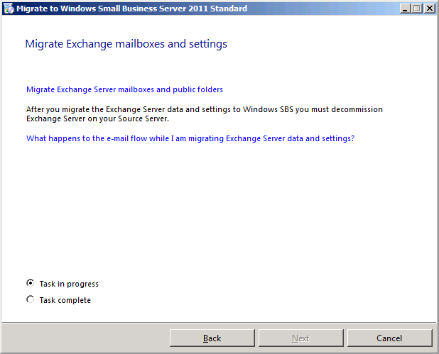 The Migrate Exchange Mailboxes And Settings page in the Migration Wizard.