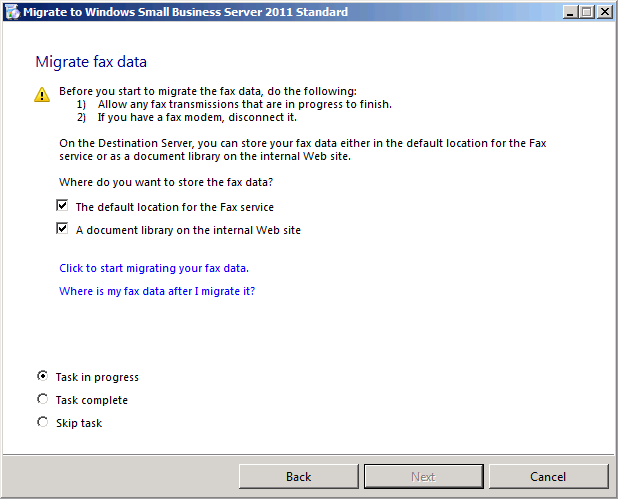 The Migrate Fax Data page in the Migrate To Windows Small Business Server 2011 Wizard.