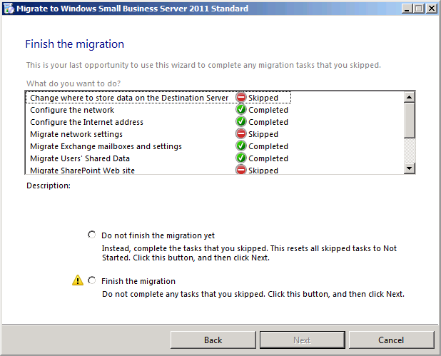 The Finish The Migration page in the Migrate To Windows Small Business Server 2011 Wizard.