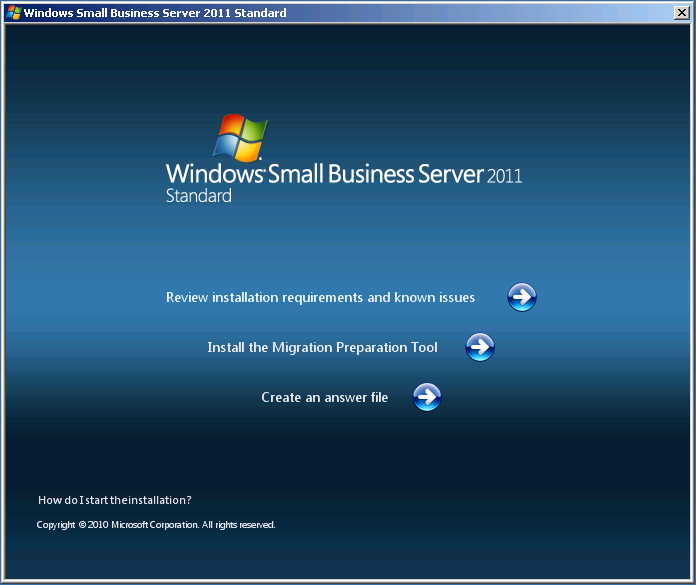 The Windows Small Business Server 2011 screen.