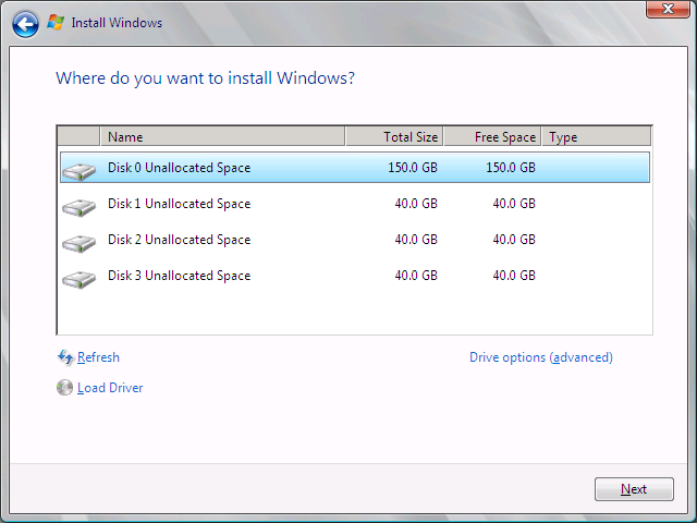 The Where Do You Want To Install Windows? page of the Windows Server 2008 R2 setup program.