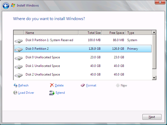 The additional controls on the Where Do You Want To Install Windows? page of the Windows Server 2008 R2 setup program.