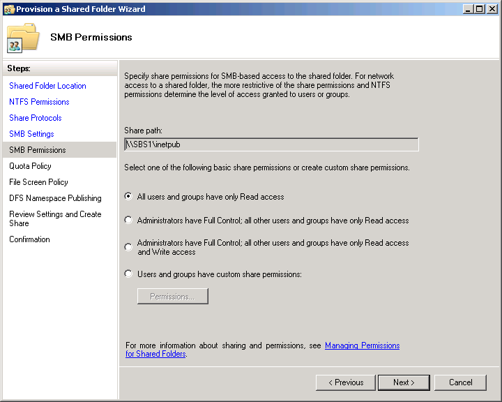 The SMB Permissions page of the Provision A Shared Folder Wizard.