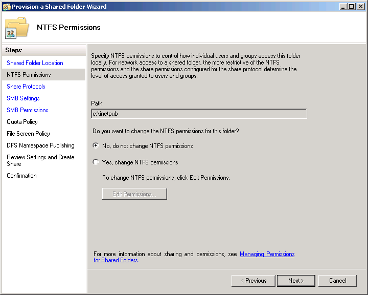 The NTFS Permissions page in the Provision A Shared Folder Wizard.