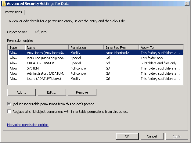 The Advanced Security Settings For Data dialog box for an NTFS file or folder.