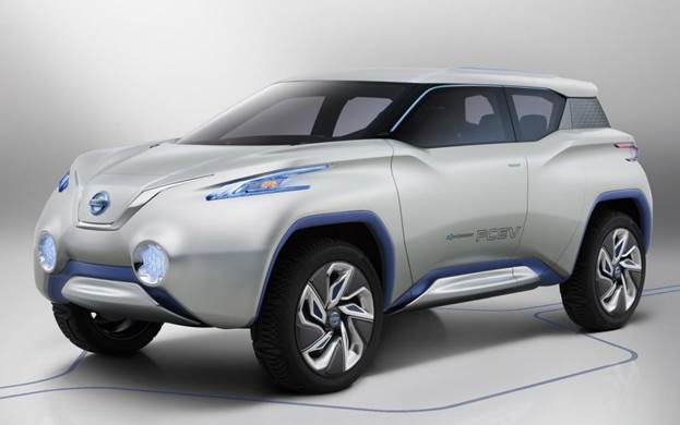 The Terra is about the size of a Nissan Juke, and uses the Leaf’s electric motor. But instead of a battery pack, this concept SUV has a hydrogen fuel cell stack.  Once hydrogen is pumped in, the fuel cell separates a hydrogen atom’s protons (which travel through a membrane) from its electrons, which travel around a circuit inside the cell, releasing electrical energy.