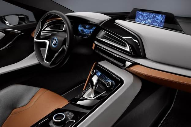 At lower speeds and in zero-emission urban areas, the i8 will run for up to 20 miles solely on electric power from a 7.2-kilowatt-hour lithium-ion battery pack located in the tunnel between the car's two seats. 
