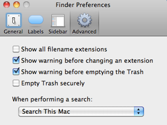 Description: Show or hide filename extensions using the Finder’s Preferences dialog, under the advanced 
tool, or in general utilities

