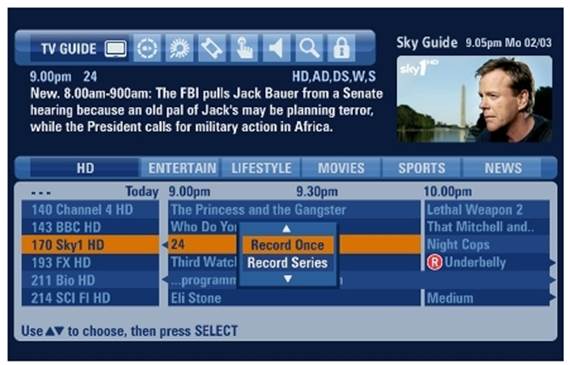 Sky's EPG shows a thumbnail of the current program, so you can watch TV while using it