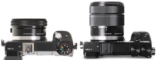 Description: On the top plate, there are fewer points to distinguish the cameras except for their dial arrangement and the ISO-standard hotshoe on the NEX-6.