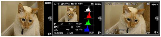 Description: This image shows the three pages of information available about an image in playback mode, indicating exposure data and an RGB histogram.