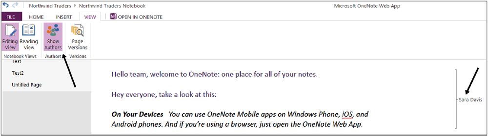 A screenshot of the OneNote web application where the Show Authors button is being called out.