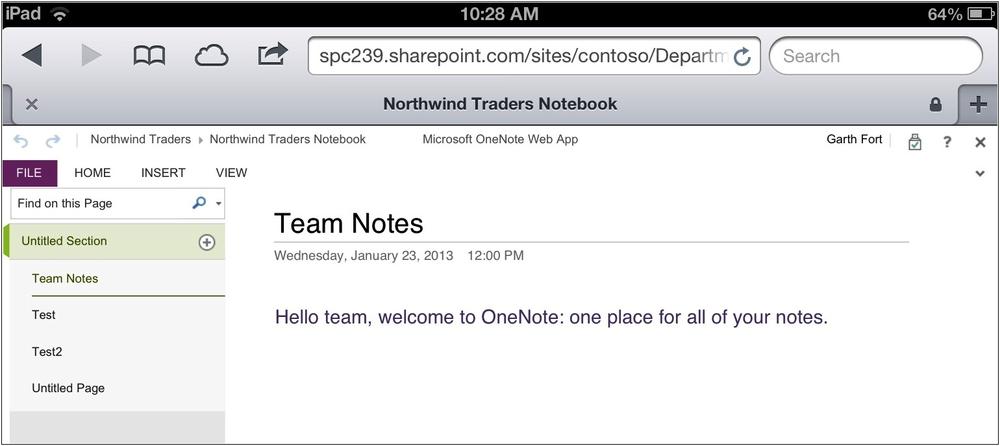 A screenshot of the OneNote web application as seen from within Office Web Applications running on a tablet device.