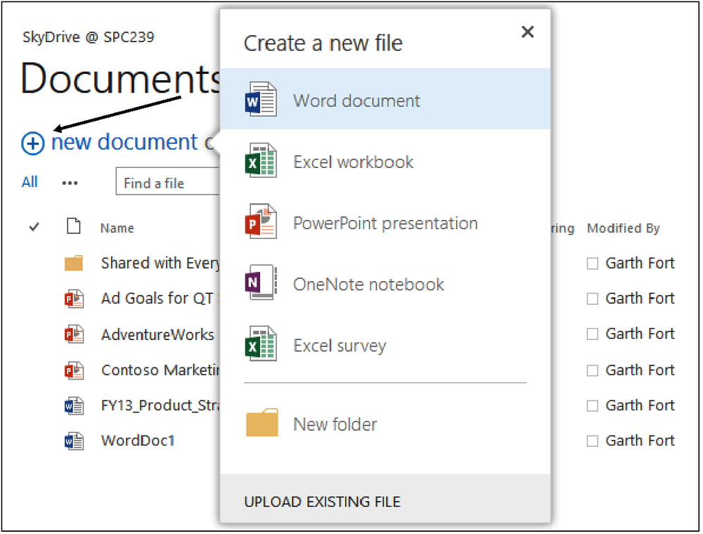 A screenshot of the “new document” menu within SkyDrive Pro. The user is presented with a menu where they can create a new Word, Excel, PowerPoint, or OneNote documents.