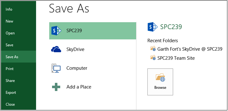 A screenshot of the SkyDrive Pro integration into the Microsoft Office client. The user is saving a spreadsheet and she is presented with an option to save directly to SkyDrive.