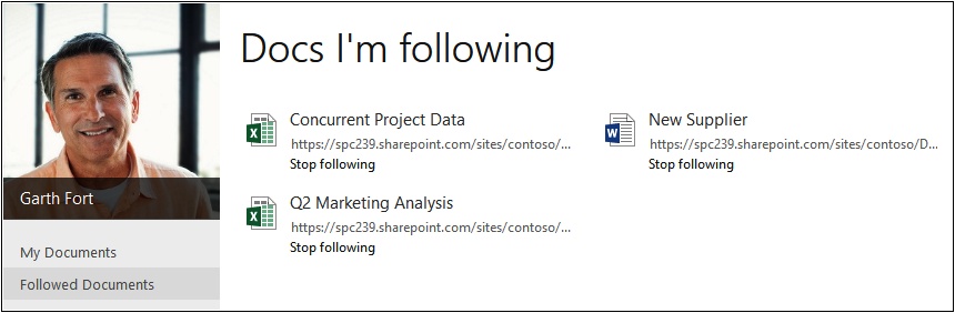 A screenshot of a user’s followed documents that are shown in his SkyDrive Pro. The user has followed some Excel and Word documents from various SharePoint libraries.
