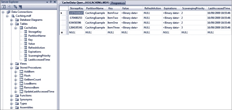 Viewing the contents of the cache in the database table