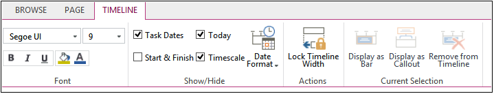 A screenshot of the Timeline ribbon as seen from within the Project Summary Web Part. The user has options to select what they want to see, including task dates, timescale, and so forth.