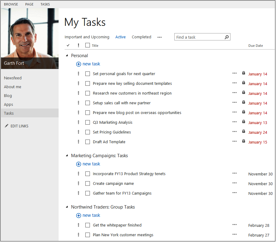 A screenshot of a user’s My Tasks, as shown in the Newsfeed. The image shows that they have tasks coming from a variety of sources, including personal and assorted team sites.