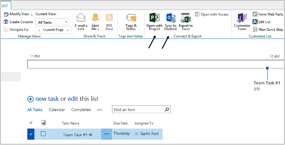 A screenshot of the ribbon from within a task list. The callout is highlighting the options to open a task with Project and sync tasks to Outlook.