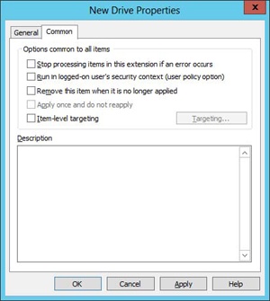 The Common tab on the properties sheet of a New Drive preference item.