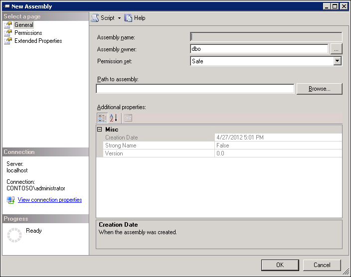 The SSMS New Assembly dialog box.