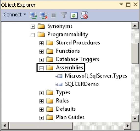 The Object Explorer window, with the Assemblies node highlighted (note the presence of the Microsoft.SqlServer.Types assembly, which is Microsoft’s SQL CLR assembly for SQL Server data types such as hierachyid, geometry, and geography).