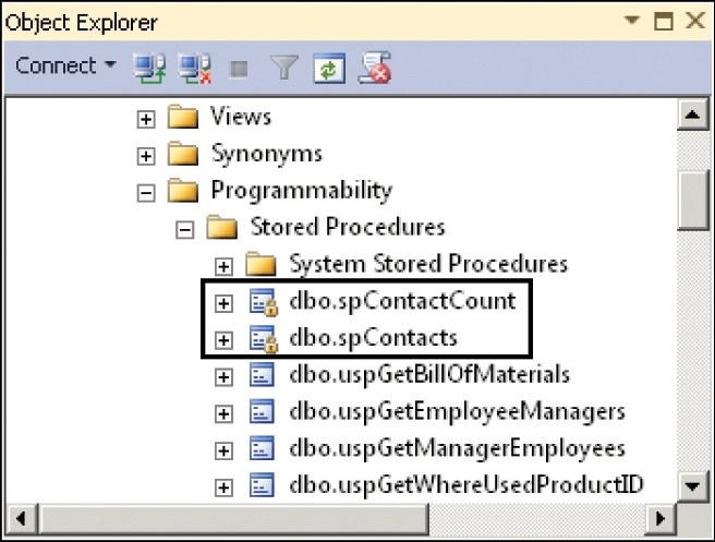 The Object Explorer window, with SQL CLR stored procedures highlighted.