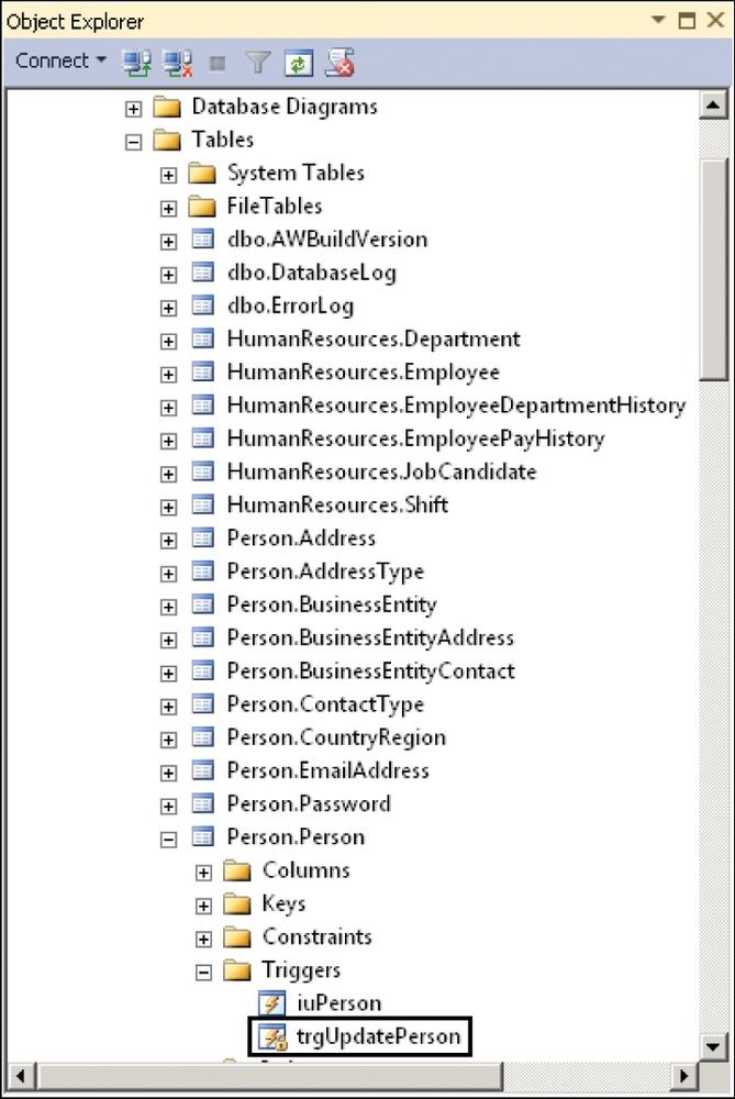 The Object Explorer window, with the SQL CLR DML trigger highlighted.