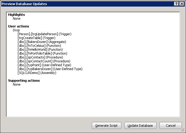 The Preview Database Updates window in SSDT after selecting the Delete option from the assembly’s shortcut menu.