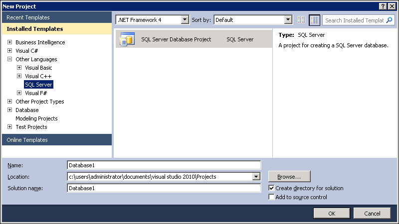 The Visual Studio 2010 New Project dialog box with the SQL Server Database Project type selected.