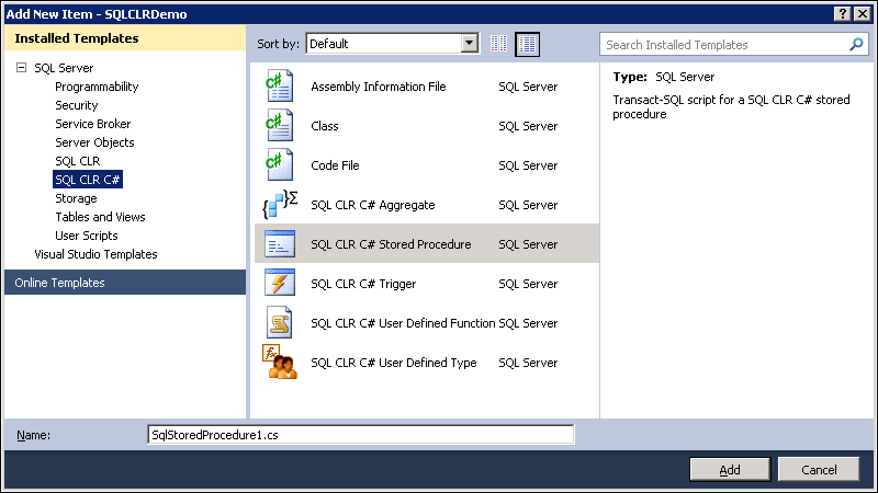 The Visual Studio SQL Server Database Project Add New Item dialog box, with SQL CLR C# templates displayed.