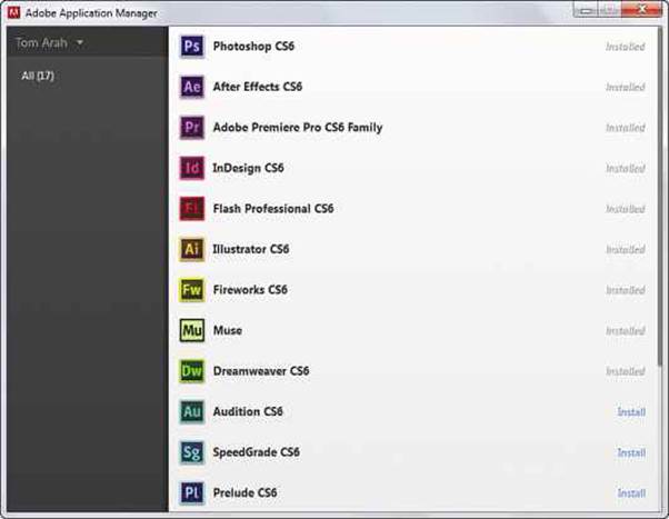 The Adobe Application Manager lists all the Creative Cloud apps