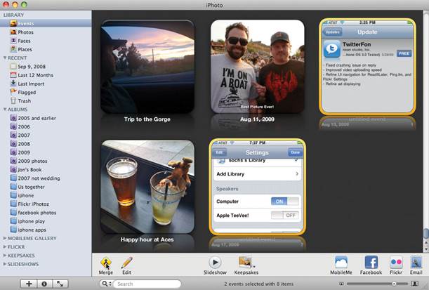 Movie files are displayed as thumbnails, and you can organize them into events, albums and smart albums
