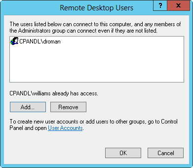 Configuring Remote Desktop users.