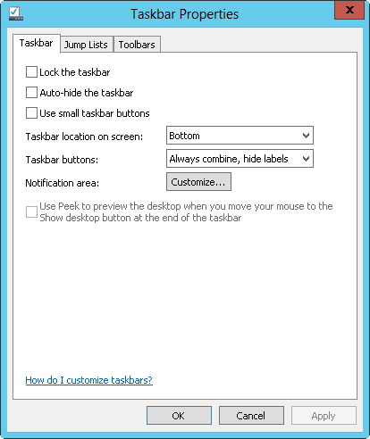 Use the options provided to configure the taskbar.