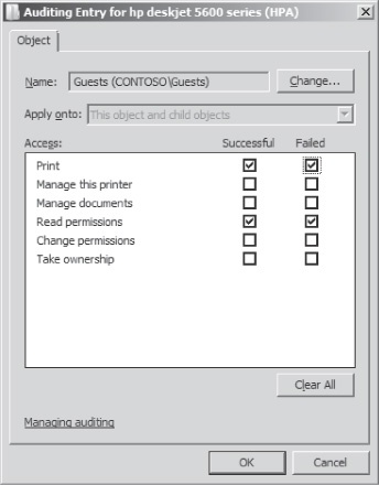 Windows 7 does not support printer auditing, but Windows Server 2008 R2 does.