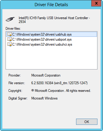 The Driver File Details dialog box displays information on the driver file locations, the provider, and the file versions.