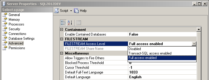 Selecting the FILESTREAM configuration level in SQL Server Management Studio.