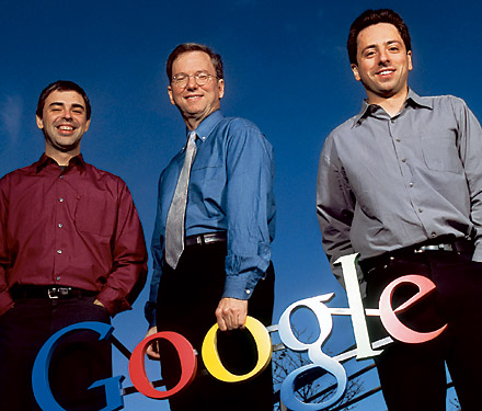 Description: From left: Larry Page, Eric Schmidt, and Sergey Brin