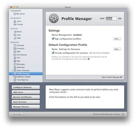 High profile: User profiles are managed centrally from here, but stored on devices, so iOS users who rarely connect to your network are catered for. This makes OS X Server a basis for managing 1:1 iPad use schemes, for example